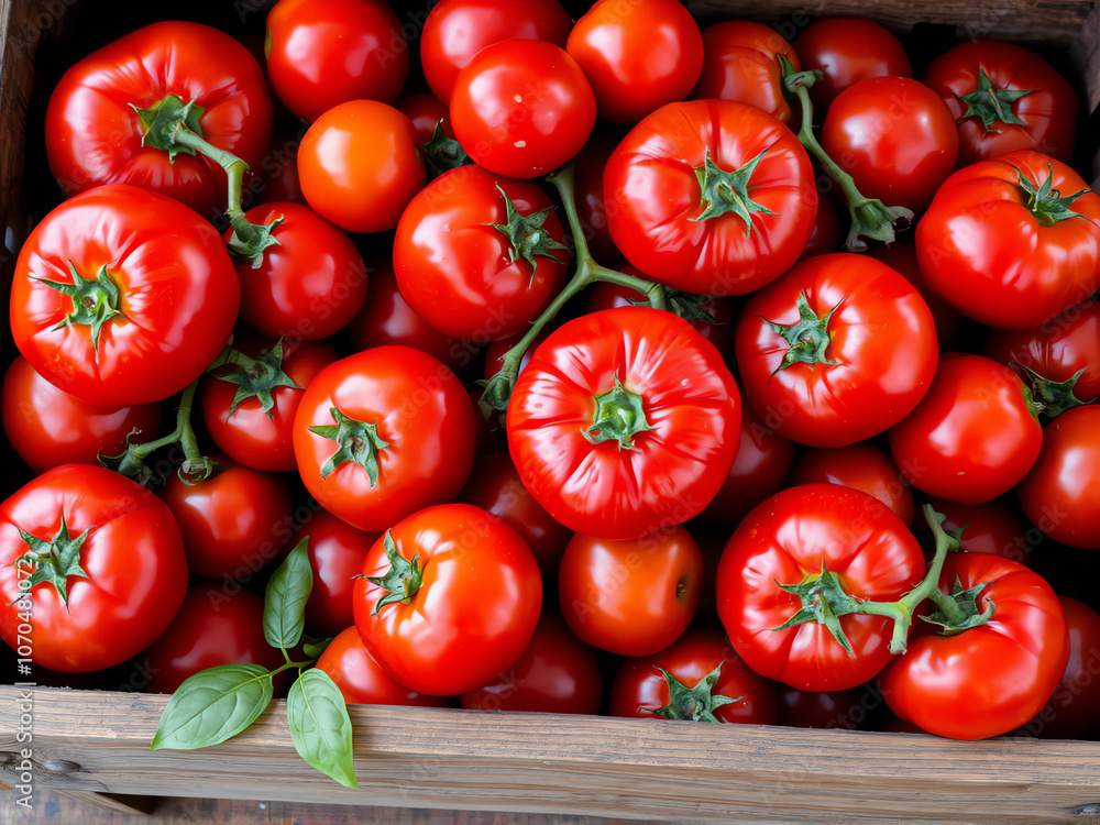 A wooden crate overflowing with ripe, red tomatoes, showcasing their vibrant color and fresh appearance. A wooden crate overflowing with ripe, red tomatoes, showcasing their vibrant color and fresh appearance.