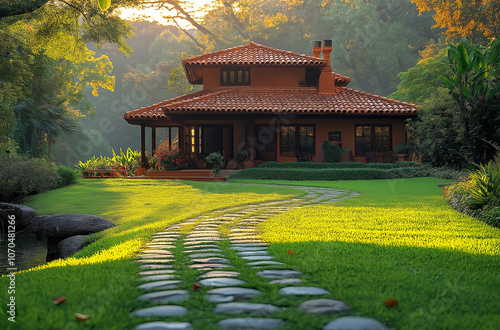 A beautiful house in the middle of an Indian garden, with green grass and stone paths leading to it. The villa has a red tile roof, large windows, and a traditional architectural style