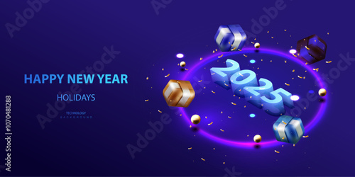Ai Happy New Year 2025 technology and business holidays vector background. Isometric happy holiday high tech style banner. Neon futuristic digital new year card for 2025.
