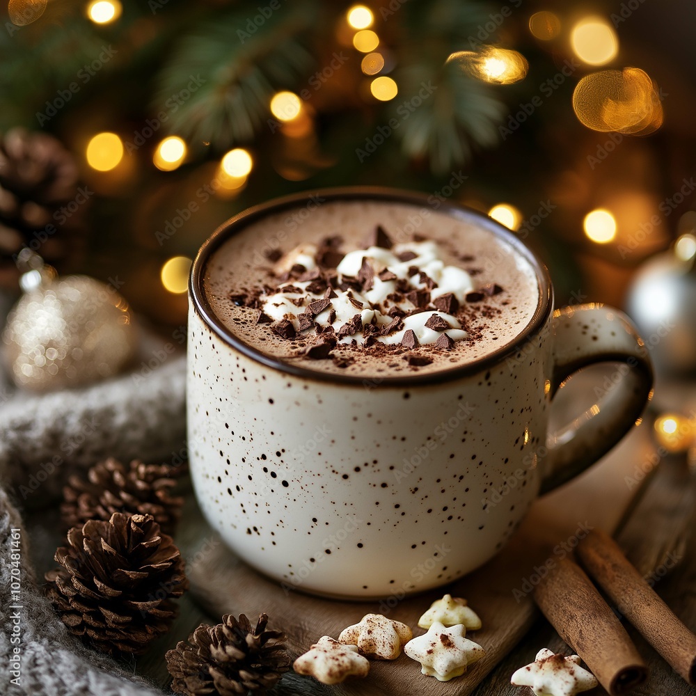 Cozy Mug of Hot Chocolate with Toppings and Christmas Decor Cozy Mug of Hot Chocolate with Toppings and Christmas Decor
