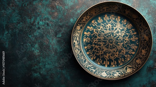 Arabic script decor plate with cultural designs. Copy space