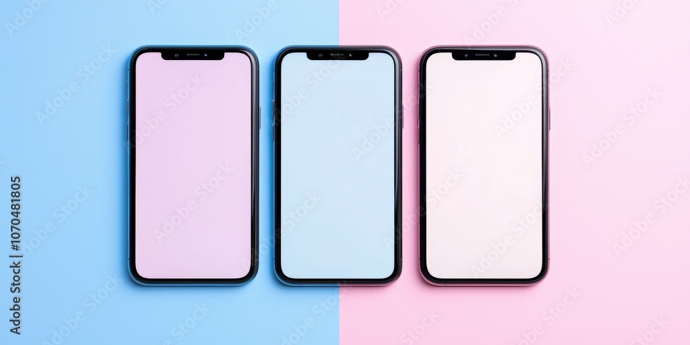 Three blank smartphones on colorful backgrounds, showcasing a minimalist design with pastel pink and blue tones. Three blank smartphones on colorful backgrounds, showcasing a minimalist design with pastel pink and blue tones.