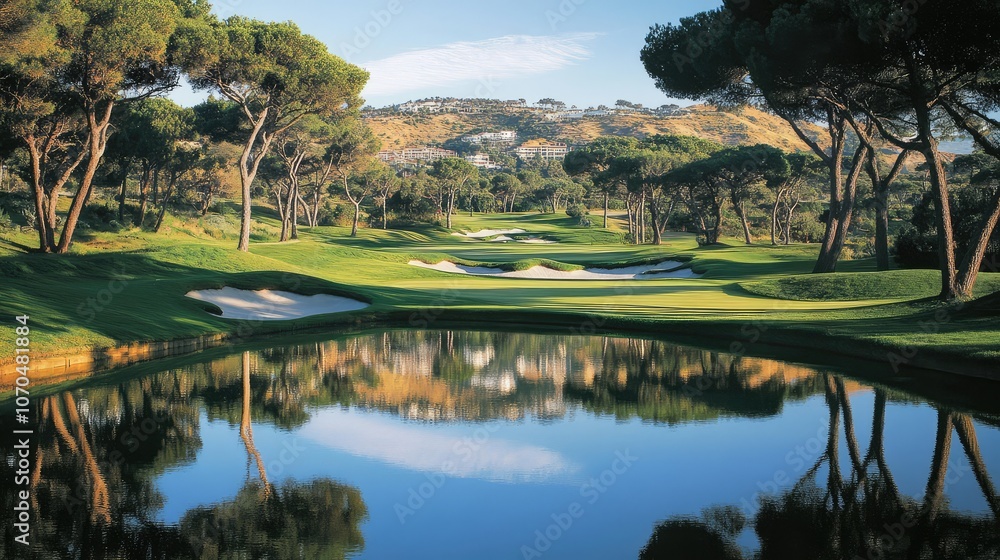 Fototapeta premium Serene Golf Course Landscape with Reflection in Water