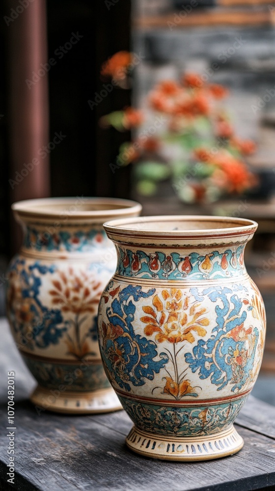 Elegant ceramic vases with intricate floral patterns in vibrant blue and orange hues stand gracefully, their ornate designs reflecting traditional craftsmanship and artistic beauty. Elegant ceramic vases with intricate floral patterns in vibrant blue and orange hues stand gracefully, their ornate designs reflecting traditional craftsmanship and artistic beauty.