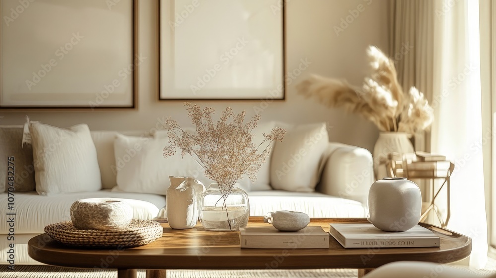 Elegant living room featuring a stylish coffee table adorned with a captivating minimalist line art picture frame, warm light enhancing the inviting atmosphere Elegant living room featuring a stylish coffee table adorned with a captivating minimalist line art picture frame, warm light enhancing the inviting atmosphere