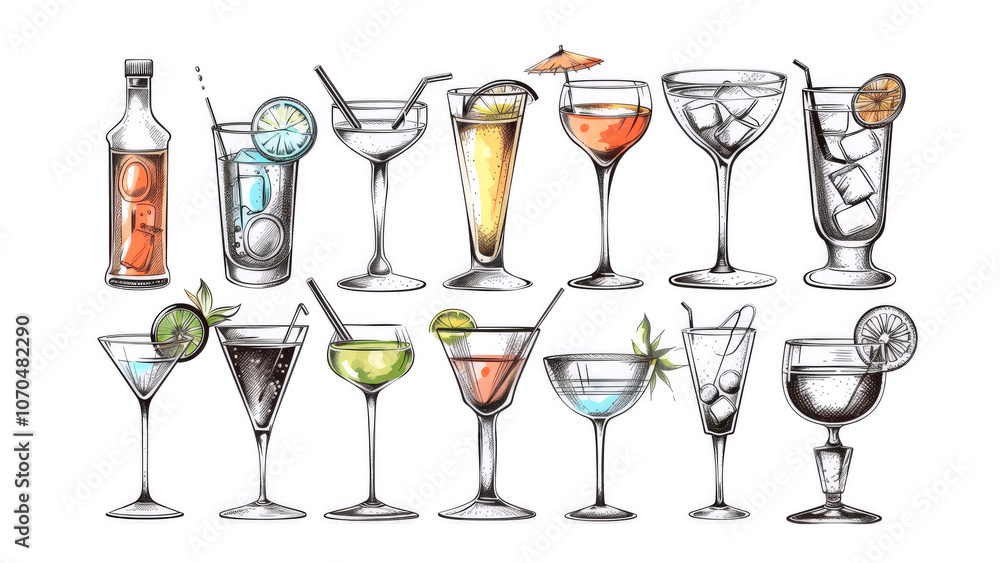 A vibrant collection features different cocktails and drinks, including martinis, mojitos, and beers, all beautifully illustrated for design projects A vibrant collection features different cocktails and drinks, including martinis, mojitos, and beers, all beautifully illustrated for design projects