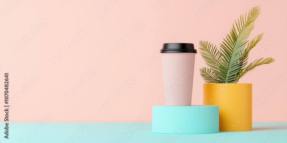 A pastel-colored scene featuring a coffee cup and a small potted plant, creating a fresh and modern aesthetic.