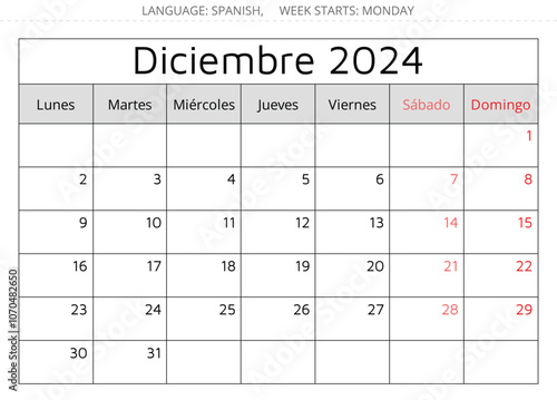 December 2024 SPANISH calendar - Diciembre. Vector illustration. Monthly planning for business in Spain