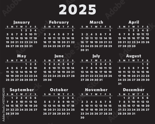 2025 year english vector calendar. Modern design with 12 months, black background