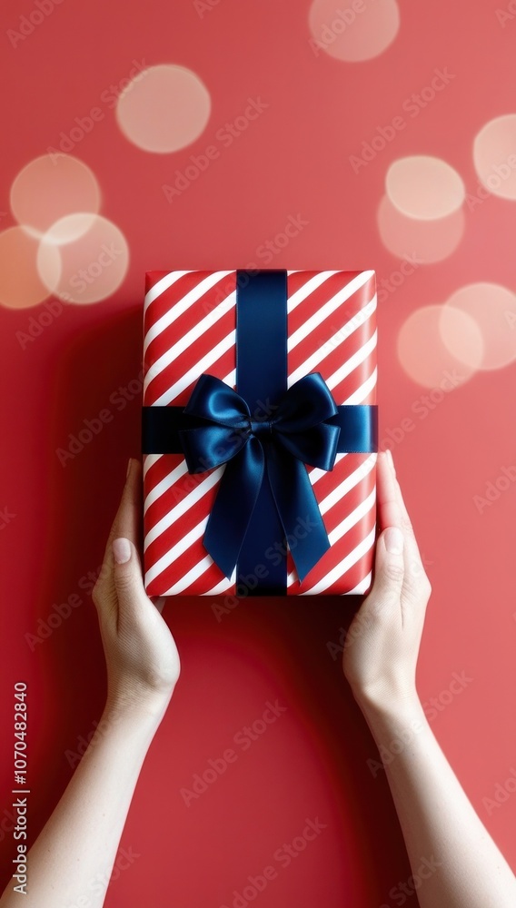 Obraz premium Female hands holding gift box on red bokeh background, top view. Copy space valentine, mother's day, birthday theme. Gift box with ribbon bow