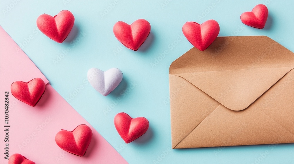 Vibrant red heart shapes and a single white heart scattered on pastel background with kraft envelope, symbolizing love messages and romantic correspondence. Vibrant red heart shapes and a single white heart scattered on pastel background with kraft envelope, symbolizing love messages and romantic correspondence.