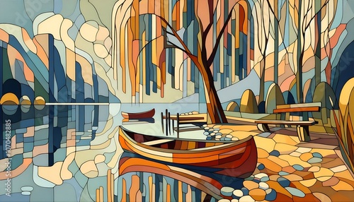 A tranquil lakeside scene using peach, tan, and blue colors in a cubist painting style.