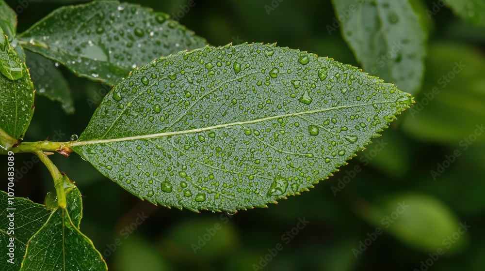Close-up of a green leaf with water droplets. Close-up of a green leaf with water droplets.
