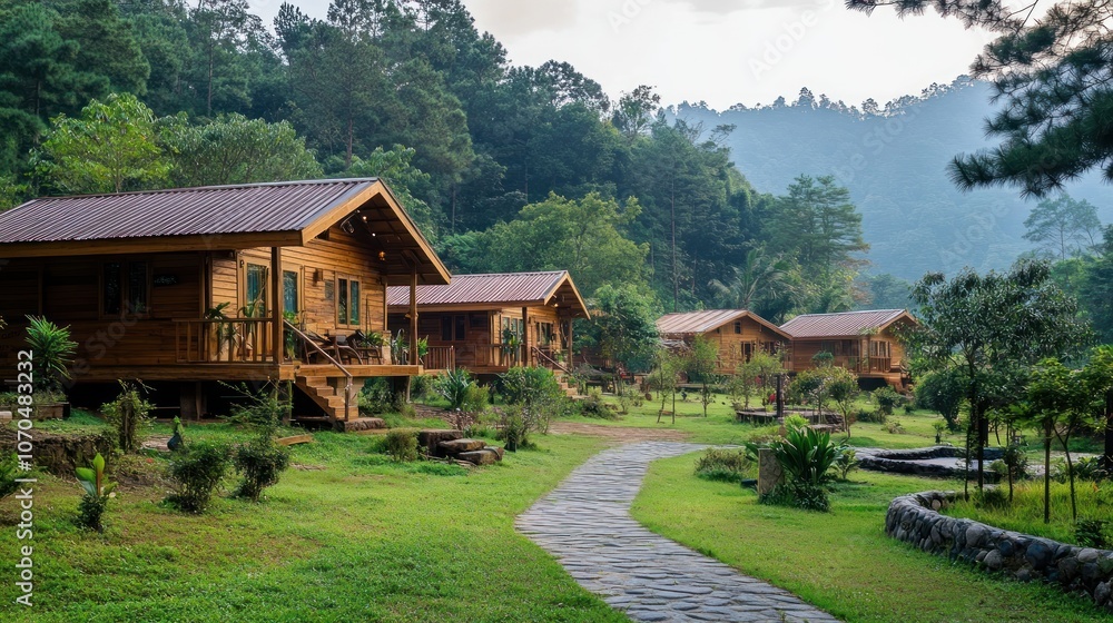 A serene nature retreat center with wooden cabins, A serene nature retreat center with wooden cabins,