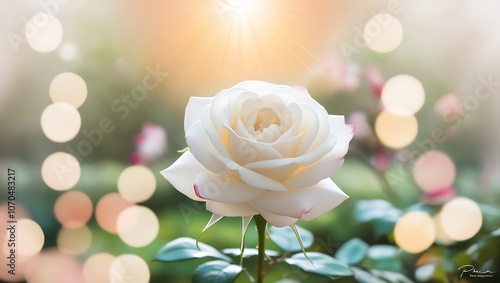 Beautiful white rose with blured garden background for your wallpaper, close up view white rose