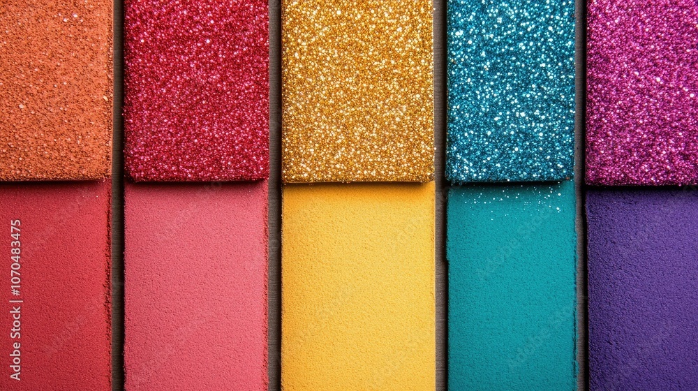 Fototapeta premium Close-up of a Palette of Multicolored Glitter and Matte Eyeshadows