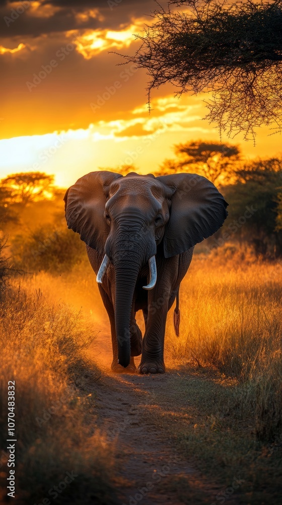 Fototapeta premium Elephant walking on dirt road at sunset in african savanna