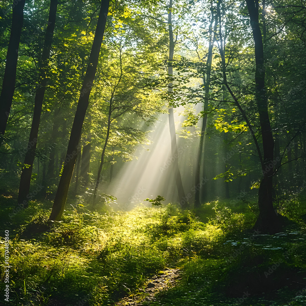 Sunlight streams through a dense forest canopy, creating a magical, misty atmosphere on the forest floor Sunlight streams through a dense forest canopy, creating a magical, misty atmosphere on the forest floor