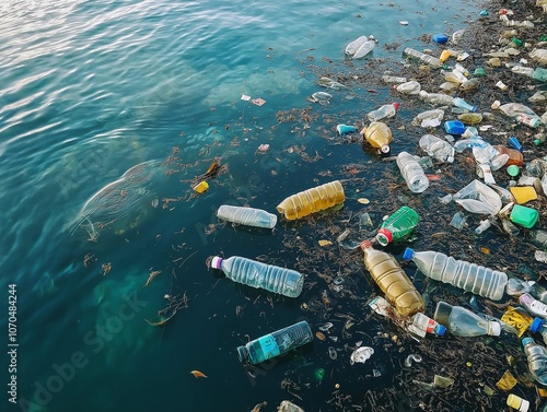 Plastic Bottles Floating in Ocean Trash