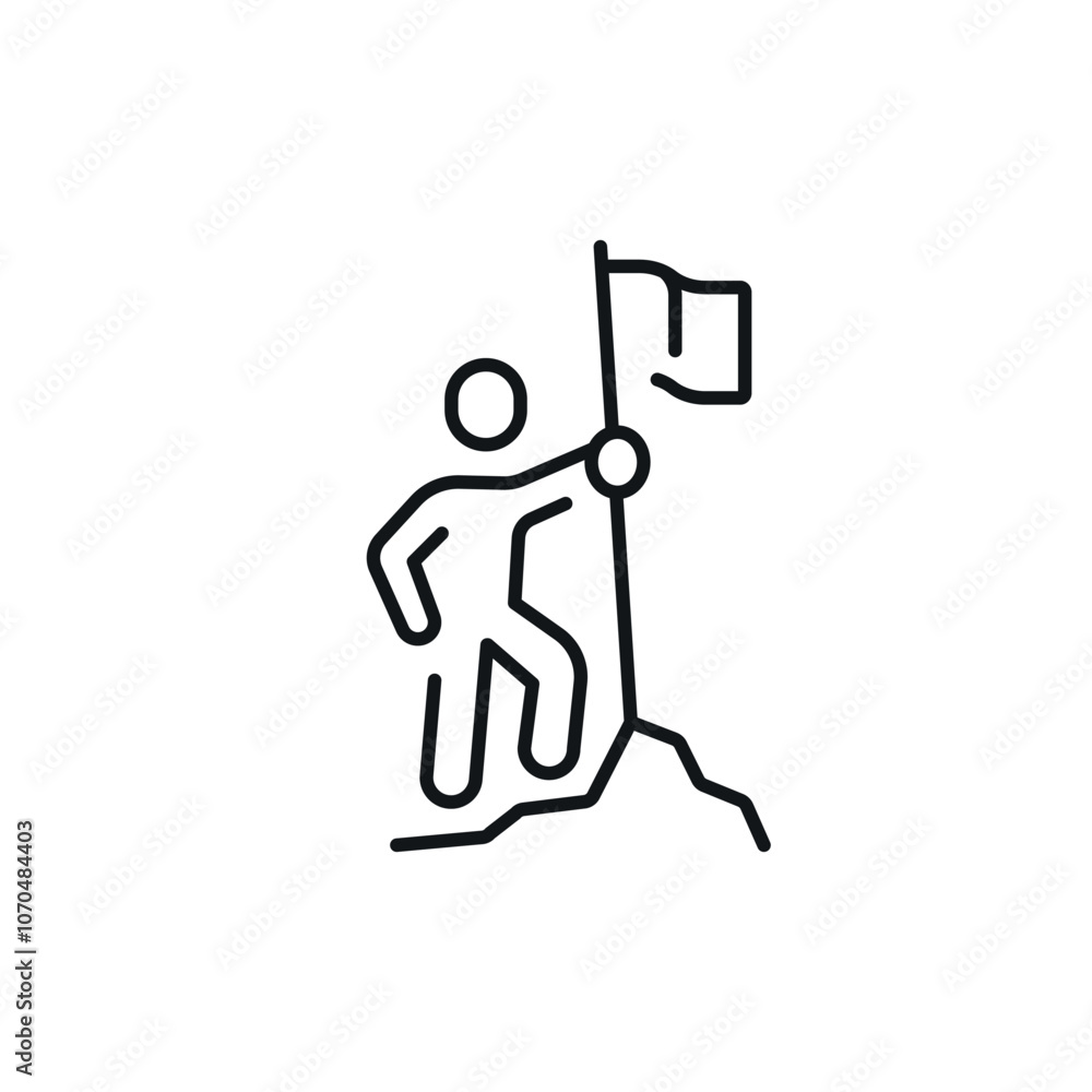 Man with the flag, Conquering the top, achieving the goal linear icon. Thin line customizable illustration. Contour symbol. Vector isolated outline drawing. Editable stroke Man with the flag, Conquering the top, achieving the goal linear icon. Thin line customizable illustration. Contour symbol. Vector isolated outline drawing. Editable stroke