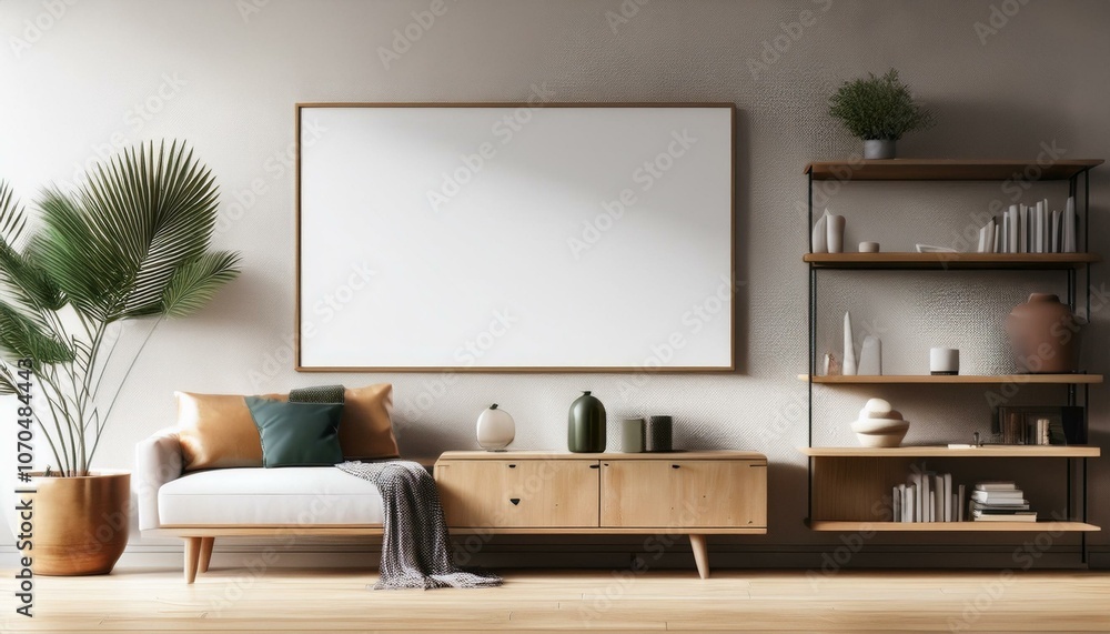 Blank poster mockup in modern living room with wooden shelves and minimalist furniture. 3D Rendering Blank poster mockup in modern living room with wooden shelves and minimalist furniture. 3D Rendering
