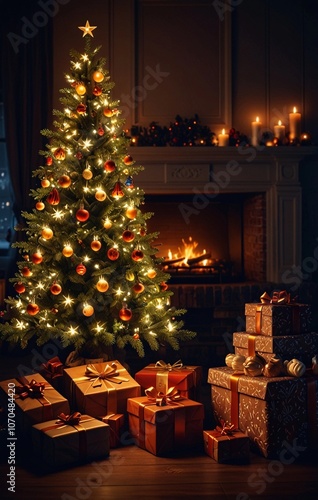 dark living room illuminated by the lights of the Christmas tree and the fire in the fireplace