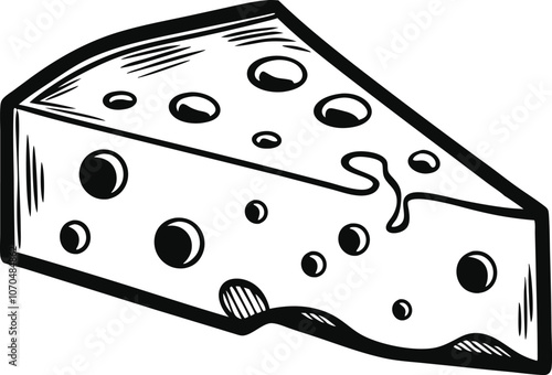 Black and white vector illustration of a piece of cheese in engraving style on transparent background