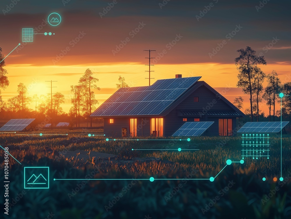 Solar Power Field at Sunset with House and Panels Solar Power Field at Sunset with House and Panels