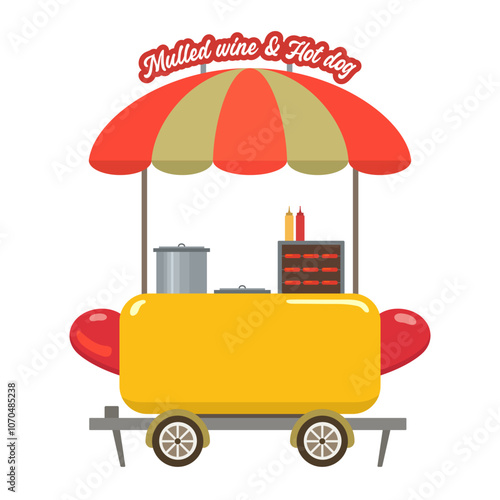 Street food hot dog and mulled wine market stall. Flat design isolated object. City takeaway fast food booth with snack and hot drink. Winter food festival holiday fair kiosk. Vector illustration.