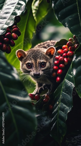 Common palm civet eating ripe coffee berries on plantation