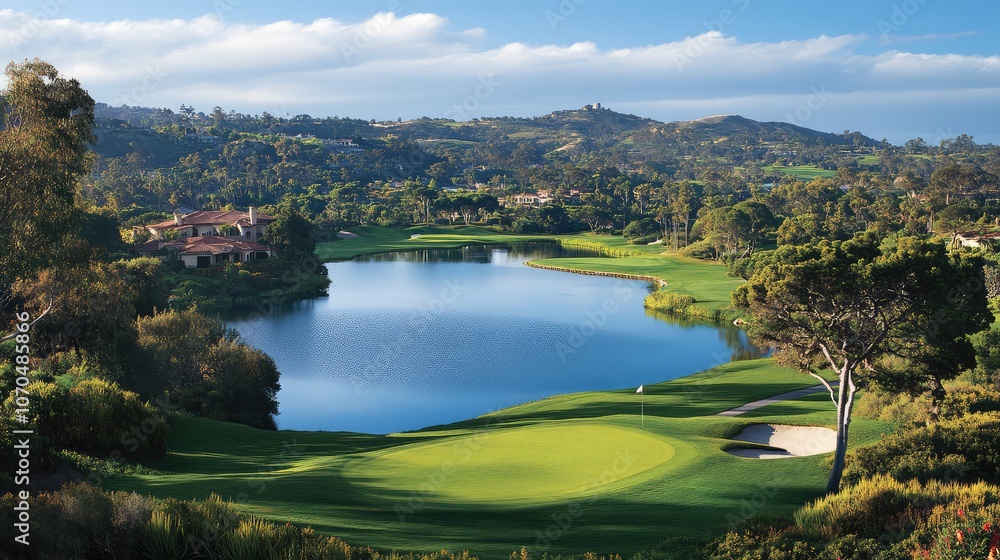 Serene Golf Course Landscape with Water and Mountains Serene Golf Course Landscape with Water and Mountains