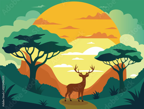 Illustration of natural scenery with tree and wild deer