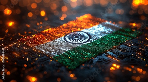 Digital Representation of Indian Flag on Tech Background with Circuit Designs | Illustration of Indian Tricolour Amidst Technological Theme