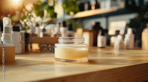 A close-up of a cream jar on a wooden surface surrounded by various cosmetic products.