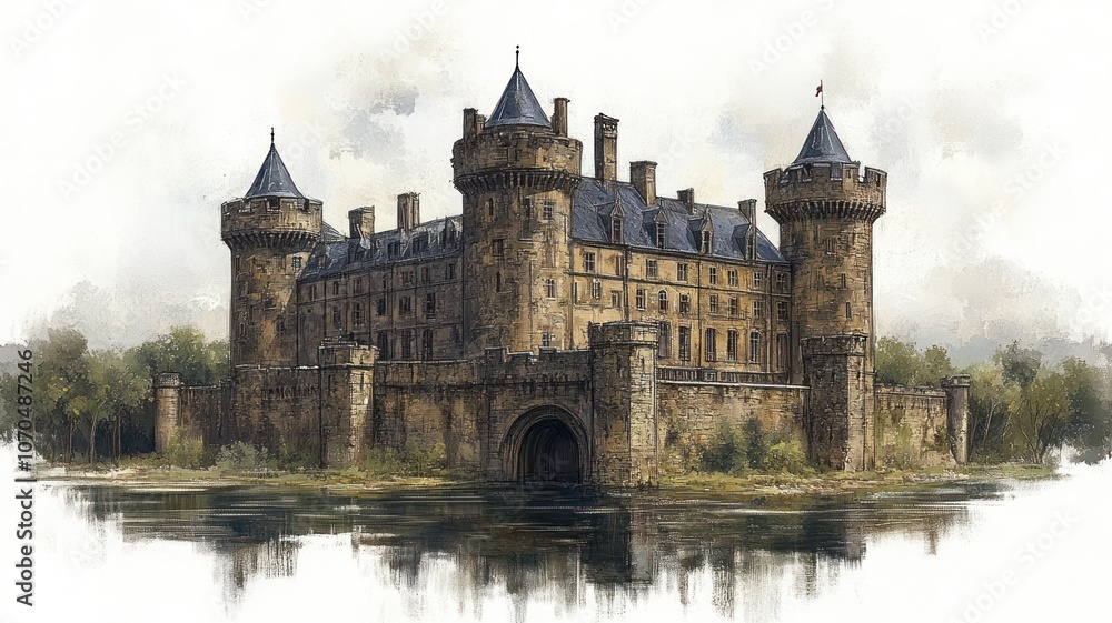 A majestic castle surrounded by water and greenery. A majestic castle surrounded by water and greenery.