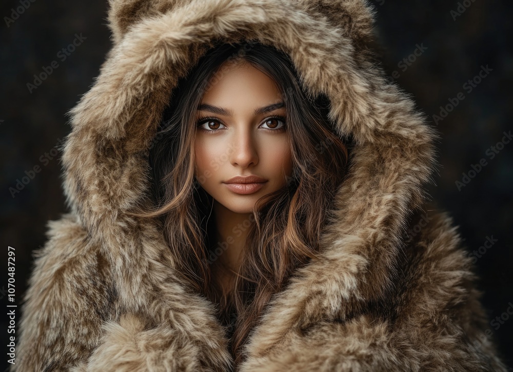 A beautiful woman wearing a bear fur coat on dark background. A beautiful woman wearing a bear fur coat on dark background.
