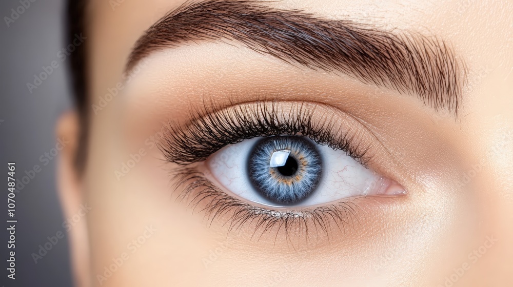 Close-up of a vibrant blue eye with long lashes and defined brow. Close-up of a vibrant blue eye with long lashes and defined brow.