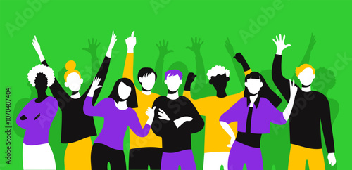 Diverse group of men and women of different nationalities celebrating joyfully. Set of silhouettes of happy people, arms raised or hugging each other. Simple flat illustration