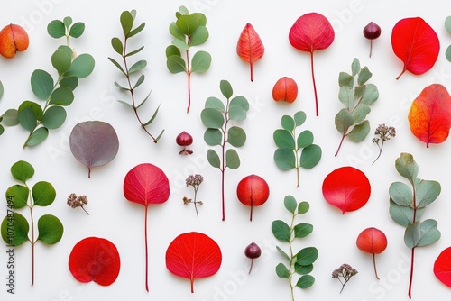 Colorful array of leaves, herbs, and flowers on a white isolated background. photo