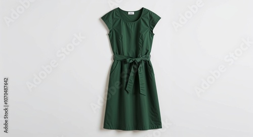 Dark green cotton shift dress with cap sleeves and waist tie display on plain white background