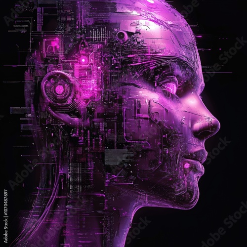 Futuristic humanoid robot with glowing circuitry on a dark background.