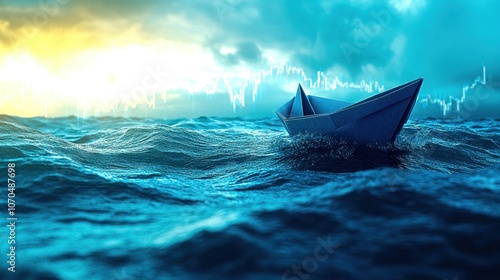 A small boat navigating through turbulent blue ocean waters under a dramatic sky.