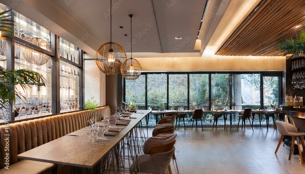 Luxury cafe interior with bar island and dining table with chairs in row