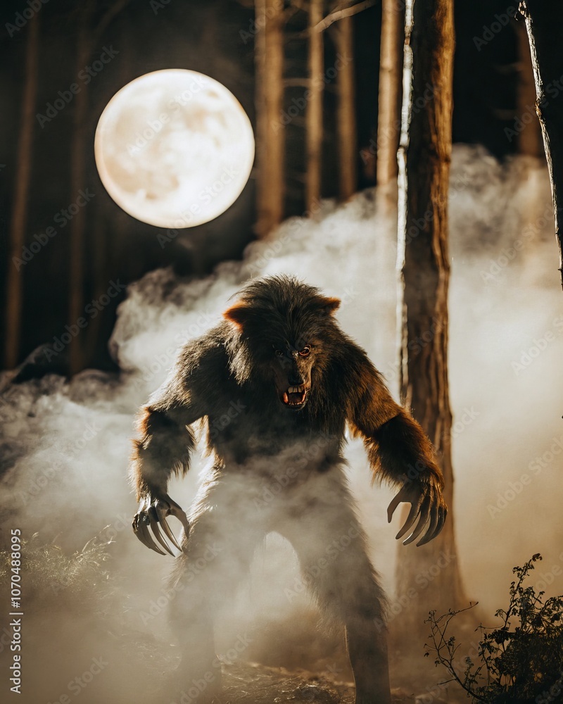 Obraz premium Fierce werewolf in foggy forest under full moon night