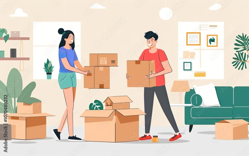 Illustration of young happy couple packing unsigned cardboard boxes, moving out from their light minimalistic modern apartment with plants. Real estate, mortgage, rent a room poster Illustration of young happy couple packing unsigned cardboard boxes, moving out from their light minimalistic modern apartment with plants. Real estate, mortgage, rent a room poster