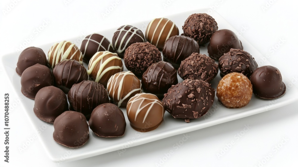 Elegant chocolate truffles artfully arranged on a pristine white plate, tempting dessert enthusiasts with their rich textures and decadent flavors