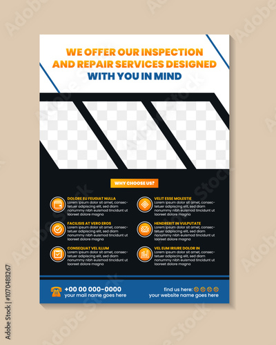HVAC Repair and Maintenance Flyer design in vertical layout with space for photo collage with diagonal shape. black and white background with infographic.