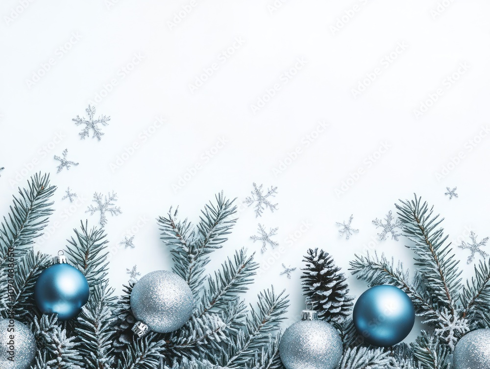 Blue and Silver Ornaments on Pine Branches with Snowflakes Blue and Silver Ornaments on Pine Branches with Snowflakes