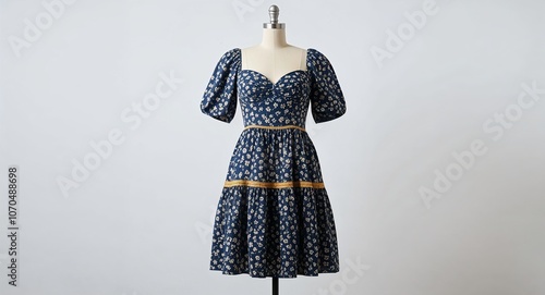 Navy floral print dress with sweetheart neckline and tiered skirt display on plain white background