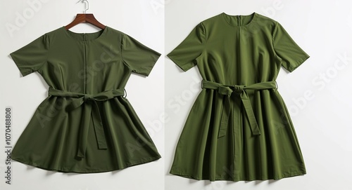 Olive green crepe shift dress with short sleeves and pleated waist display on plain white background photo